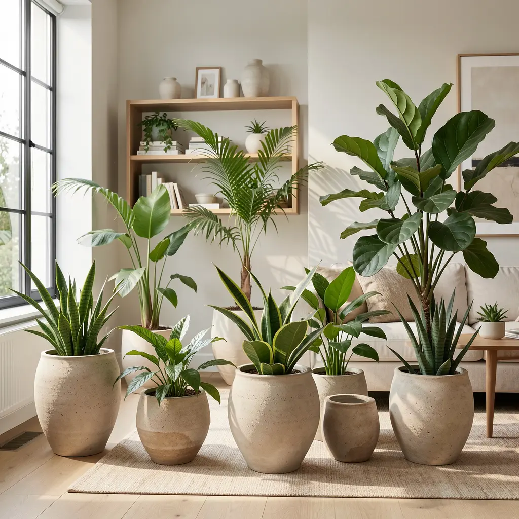 Snake Plant in white ceramic pot next to modern wooden chair